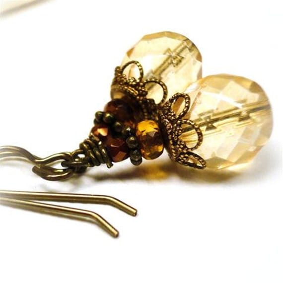 Champagne Glass Earrings Czech Honey Topaz Glass Drop Earrings Antique Brass Earrings