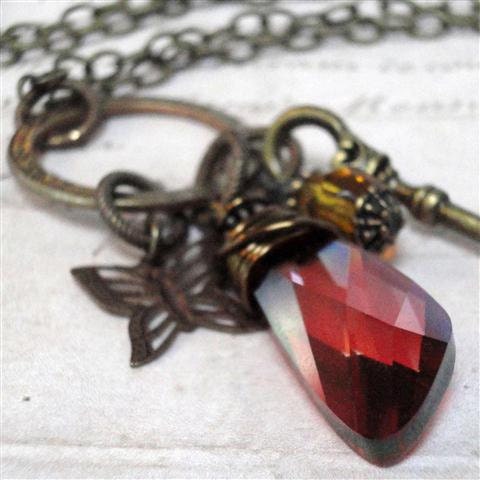 Brick Red Necklace Vintaj Brass Necklace Swarovski Red Magma Cinnabar Carnelian Crystal Pendant Necklace Fall Jewelry