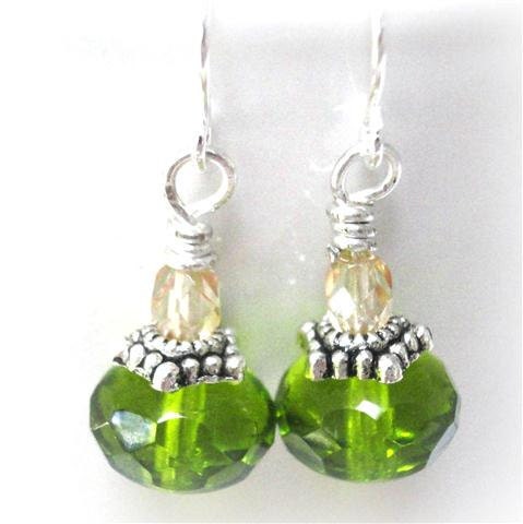 Spring Green Earrings, Crystal Drop Earrings, Green Czech Glass Earrings, Beaded Earrings, Dark Green Glass Earrings