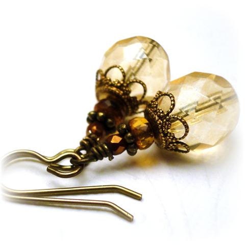 Champagne Glass Earrings Czech Honey Topaz Glass Drop Earrings Antique Brass Earrings