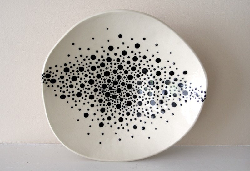 Large Footed Stoneware Platter with a Constellation of Black and White Dots / Starry Night Sky Cosmology / "ORION NEBULA 1"