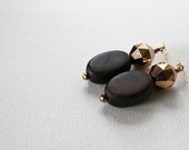 Wooden and Faceted Gold Beaded Earrings / Sparkle / Organic Ebony Wood with Vintage Lucite Golden Beads / "EBONEE EARRINGS"