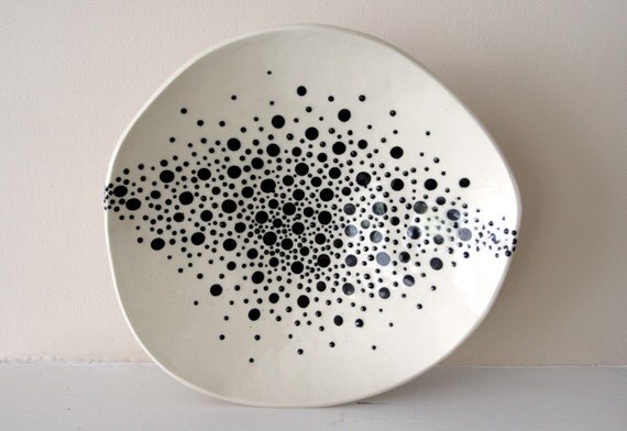 Large Footed Stoneware Platter with a Constellation of Black and White Dots / Starry Night Sky Cosmology / "ORION NEBULA 1"
