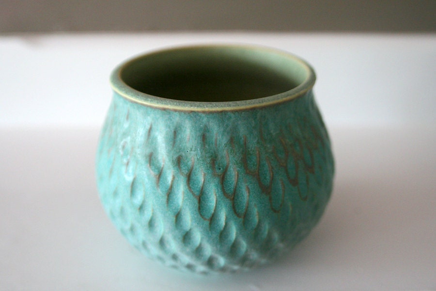 Turquoise Stoneware Vessel Carved with Raindrops / Hand Thrown and Hand Carved Art Piece / "EVAPORATION"
