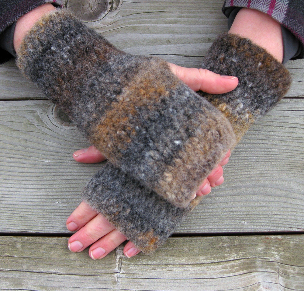 Natural Brown Felted Wool Hand Warmers, Fingerless Gloves, Colorway 2, Handmade by The Land of G on Etsy