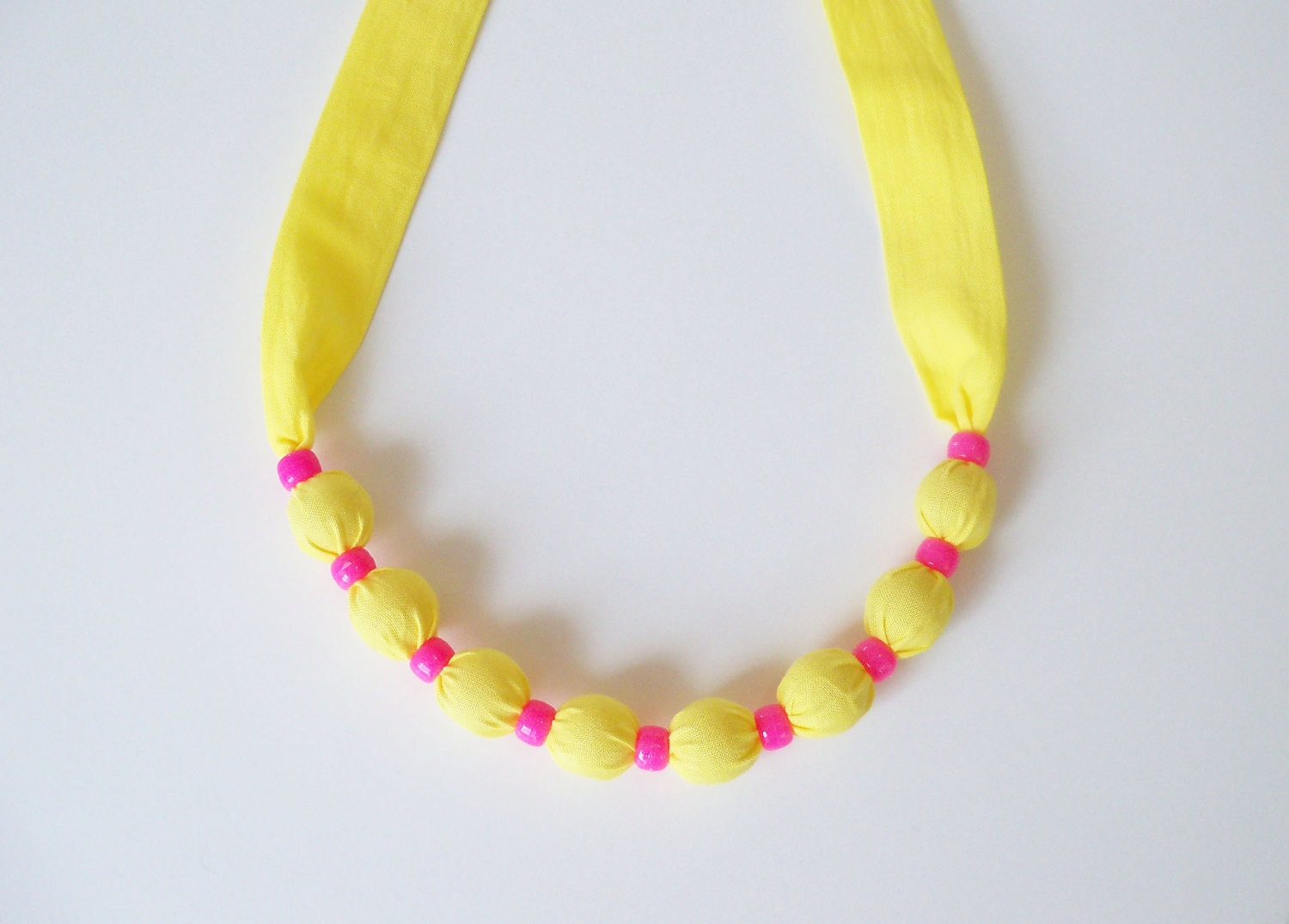 15% off entire shop - Coupon code 15OFF - Fabric and Bead Necklace - Bright Yellow and Pink