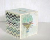 Bank - Pastel Skies Wood Bank - Hot Air Balloon And Purple Ikat Design - Mmim Bank - Pastel Skies Wood Bank - Hot Air Balloon And Purple Ikat Design - Mmim