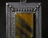 Antique Filgree artisan handmade  yellow colour Tiger Eye  gemstone made in 925 Sterling Silver  oxydised necklace pendant