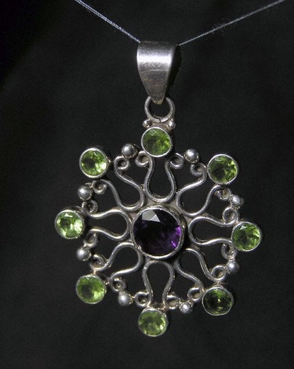 925 Sterling Silver Artisan Handcrafted Gemstone Jewelry Multistone Peridot Amethyst Bridal Bridesmaid Gift Necklace
