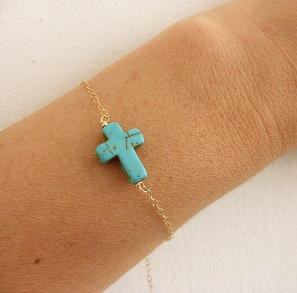 Turquoise Sideways Cross Bracelet Horizontal Sideways gold filled or sterling silver Taylor Jacobson Cross bracelet