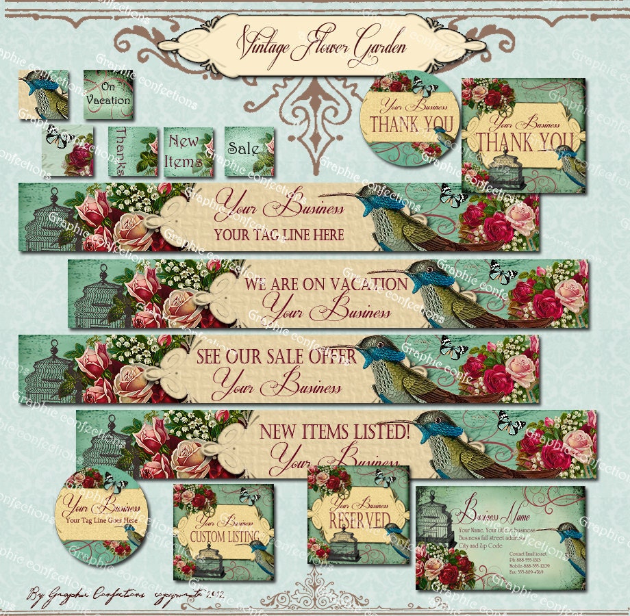 16 piece shabby chic Vintage Flower Garden Etsy set. includes 1 free avatar, business card, 4 banners,and MUCH MORE