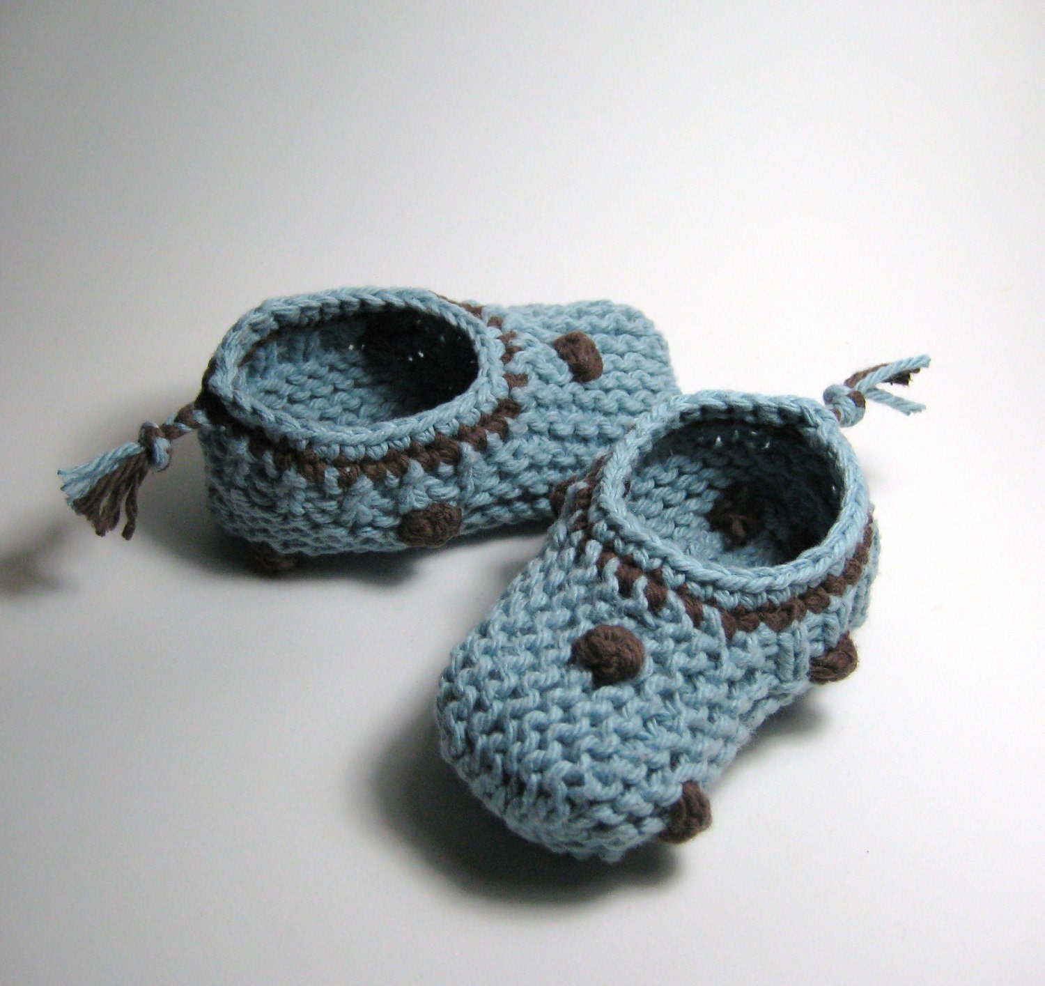 Don't Step On My Little Booties / Hand Knitted Baby Shoes / Aqua Blue With Brown Polka Dots / SALE