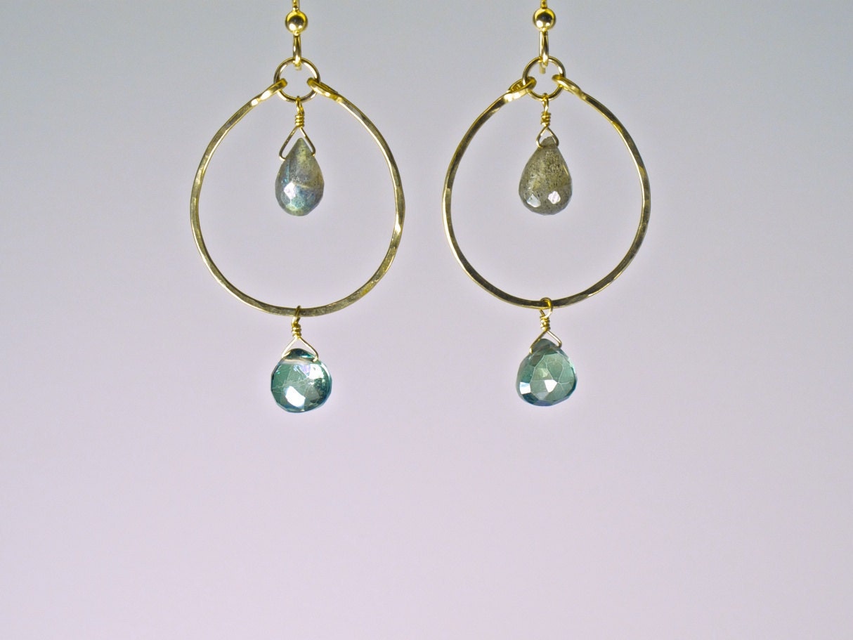 14 Karat Gold Filled Labradorite and Green Amethyst Hoops
