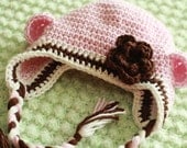 Light Pink with Brown Trim and Flower Monkey Hat - Choose size 0-3 Months, 3-6 Months, 6-12 Months