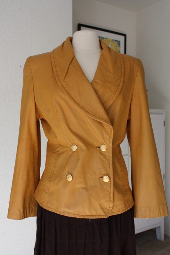 1980's Mustard Leather Jacket Double Breasted Medium by Retromomo