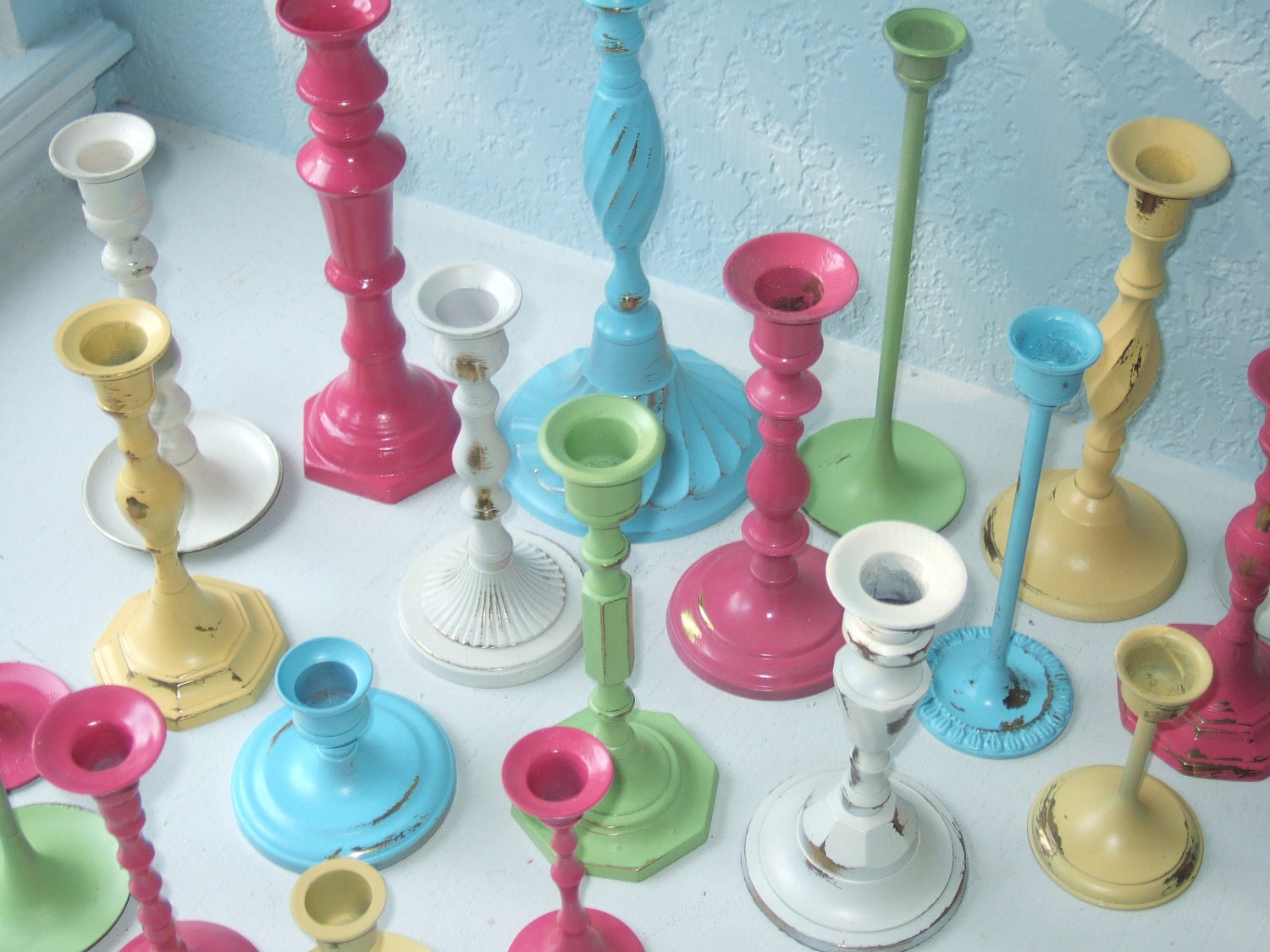 Shabby Chic Wedding Centerpieces:  Painted Brass Candlesticks in Your Custom Colors