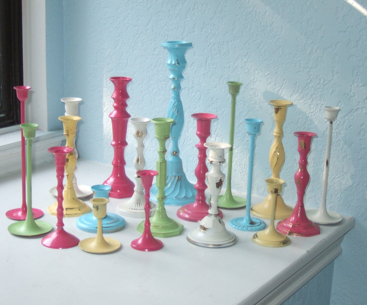 Shabby Chic Wedding Centerpieces: Painted Brass Candlesticks in Your Custom Colors