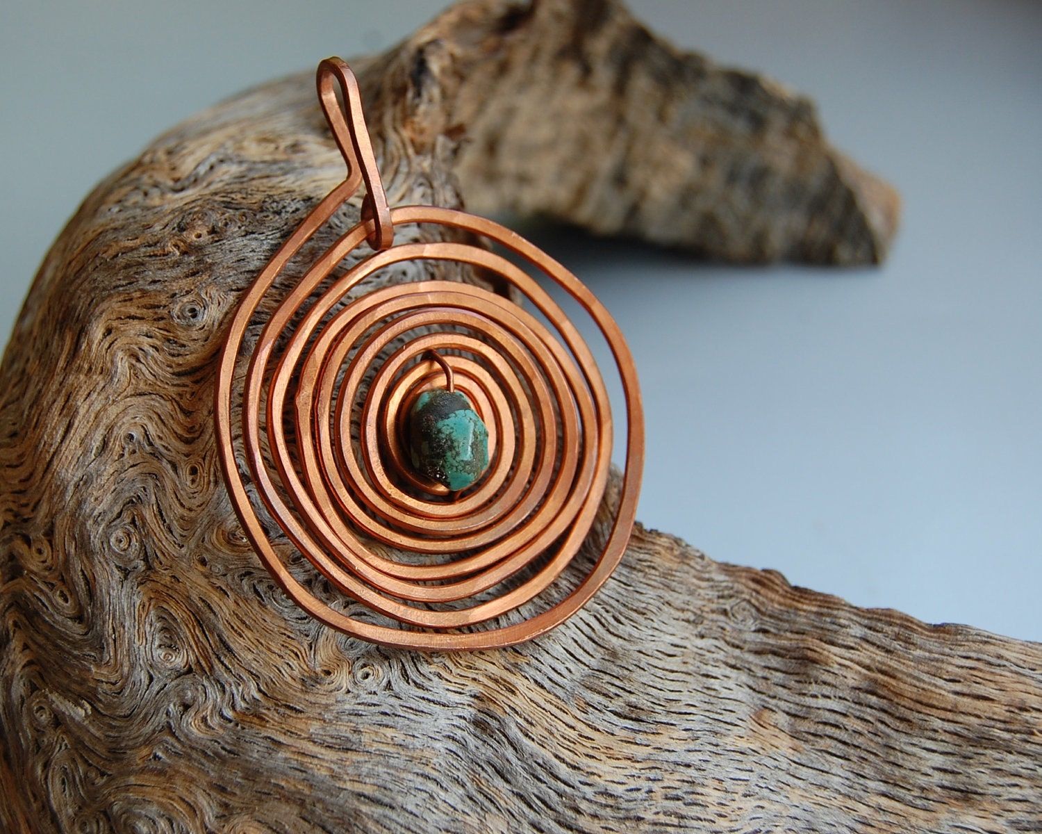 large turquoise spiral copper pendant