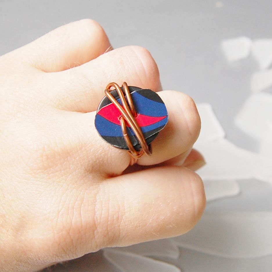 Superhero geek power ring, copper, vintage button, and credit card button ring