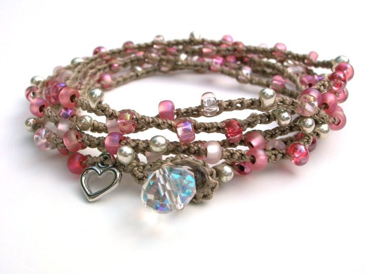 Romantic crochet wrap bracelet , pink bracelet - Flirt - Bohemian  jewelry, crochet jewelry heart charm, boho, love, long necklace, delicate