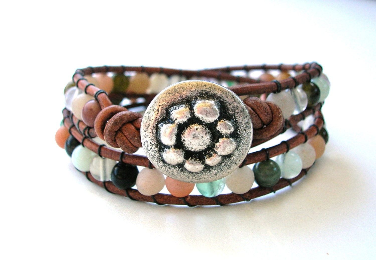 Beaded leather wrap bracelet - Pebble Beach - Coastal Bohemian Jewelry, beachy multi-stone, summer pastels, boho western fashion