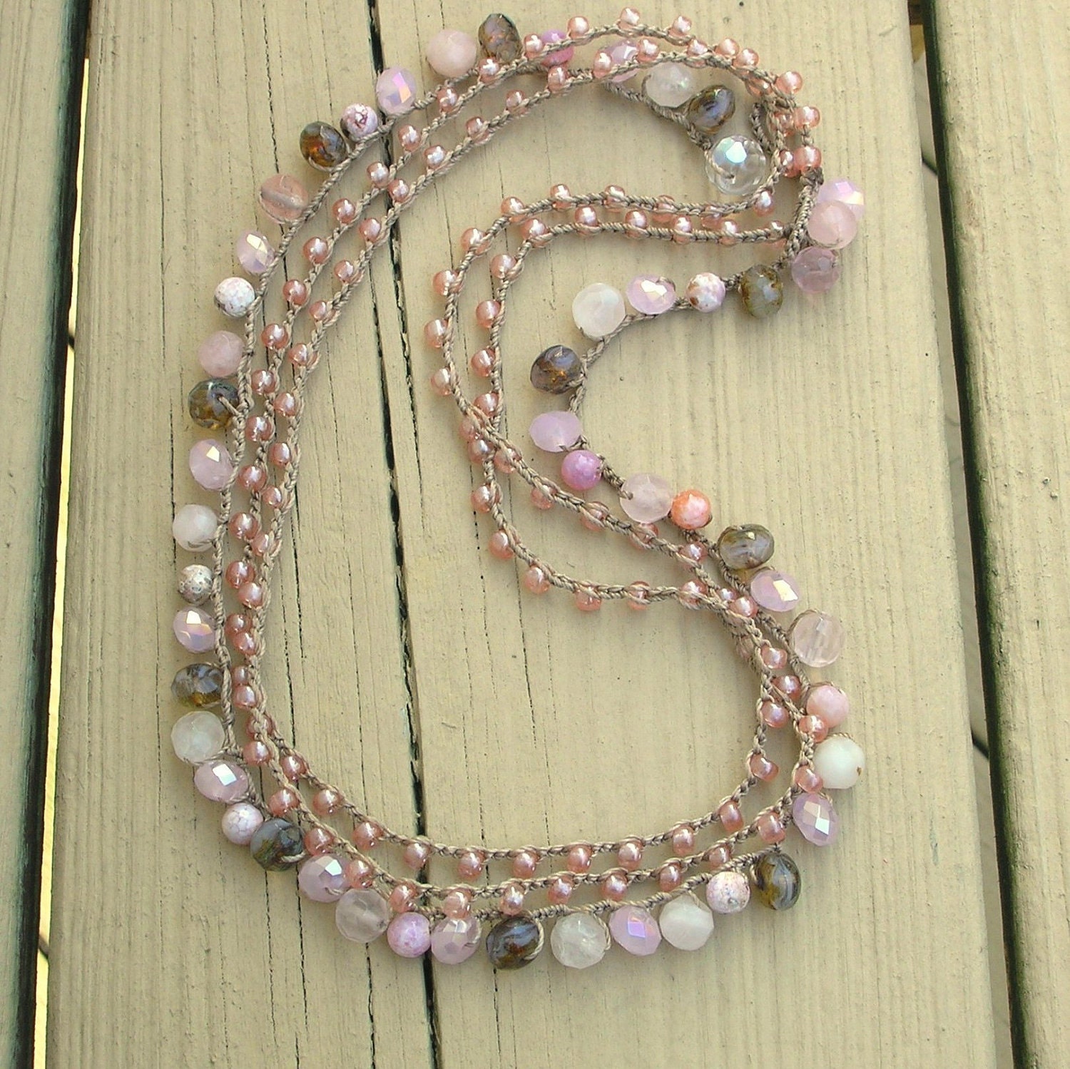 Pink crochet necklaces SET "Cotton Candy" Bohemian pastel fashion, bubblegum, beaded jewelry, spring, feminine  dainty