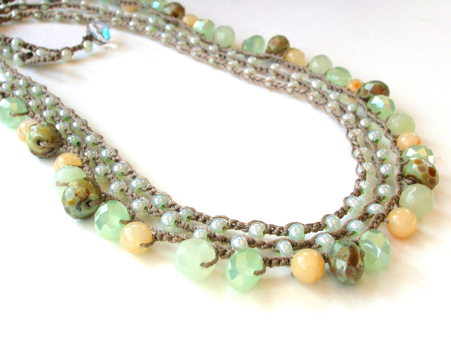 Seafoam crochet necklaces, SET of 2, Bohemian jewelry on SALE, coastal summer, wrap bracelet, beach, boho