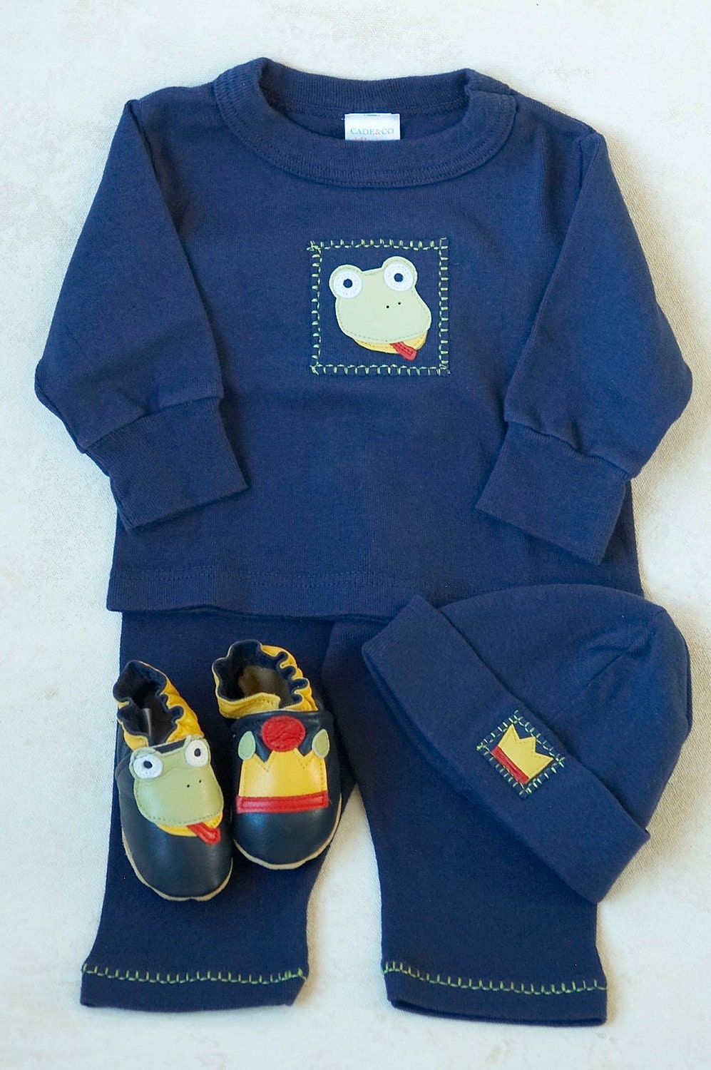Frog Prince Baby Gift Set (navy, includes pant, top, hat, all-leather shoes)