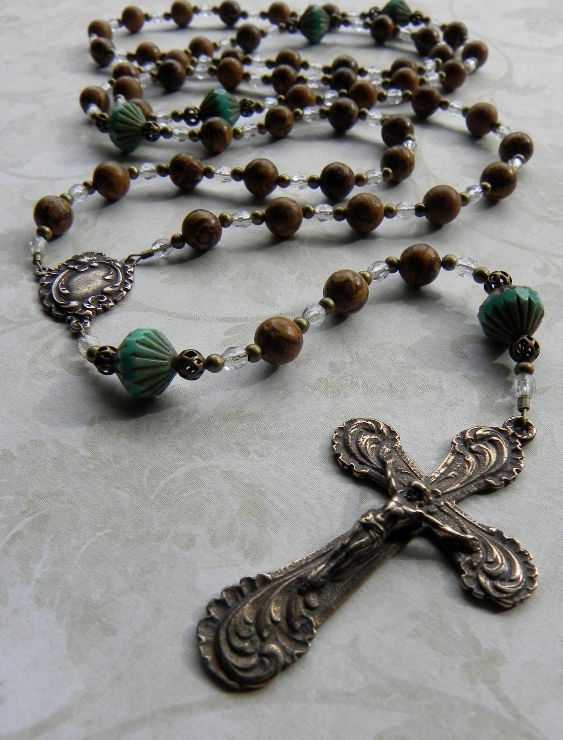 Catholic Rosary - Edwardian Style Rosary in Brown Gemstone and Turquoise