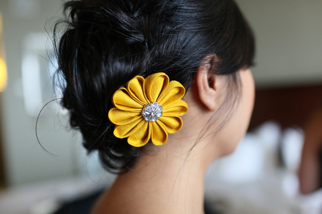 Custom Bridal Flower Hair Clip Silk with Rhinestone Button - Wedding Boutonniere