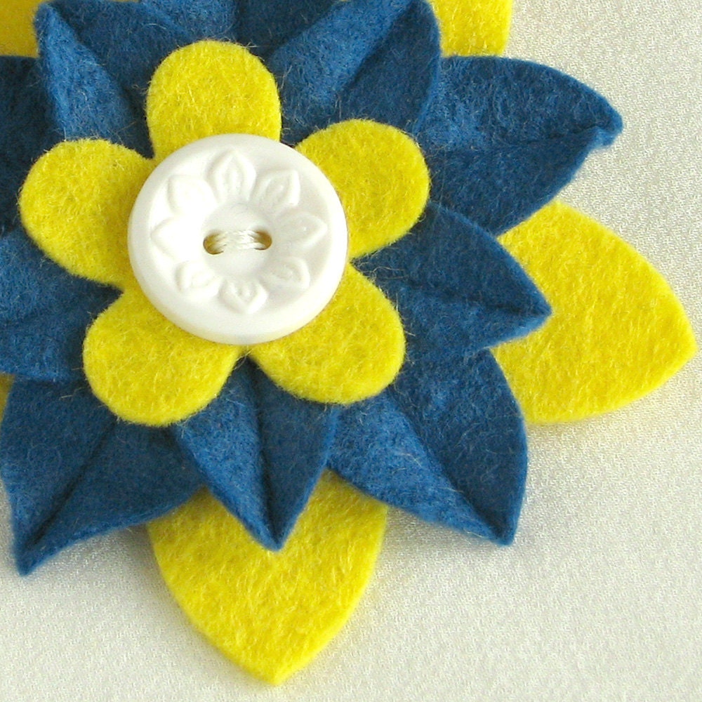 Yellow, White and Blue Felt Flower Pin with White Vintage Button - Gift for 20