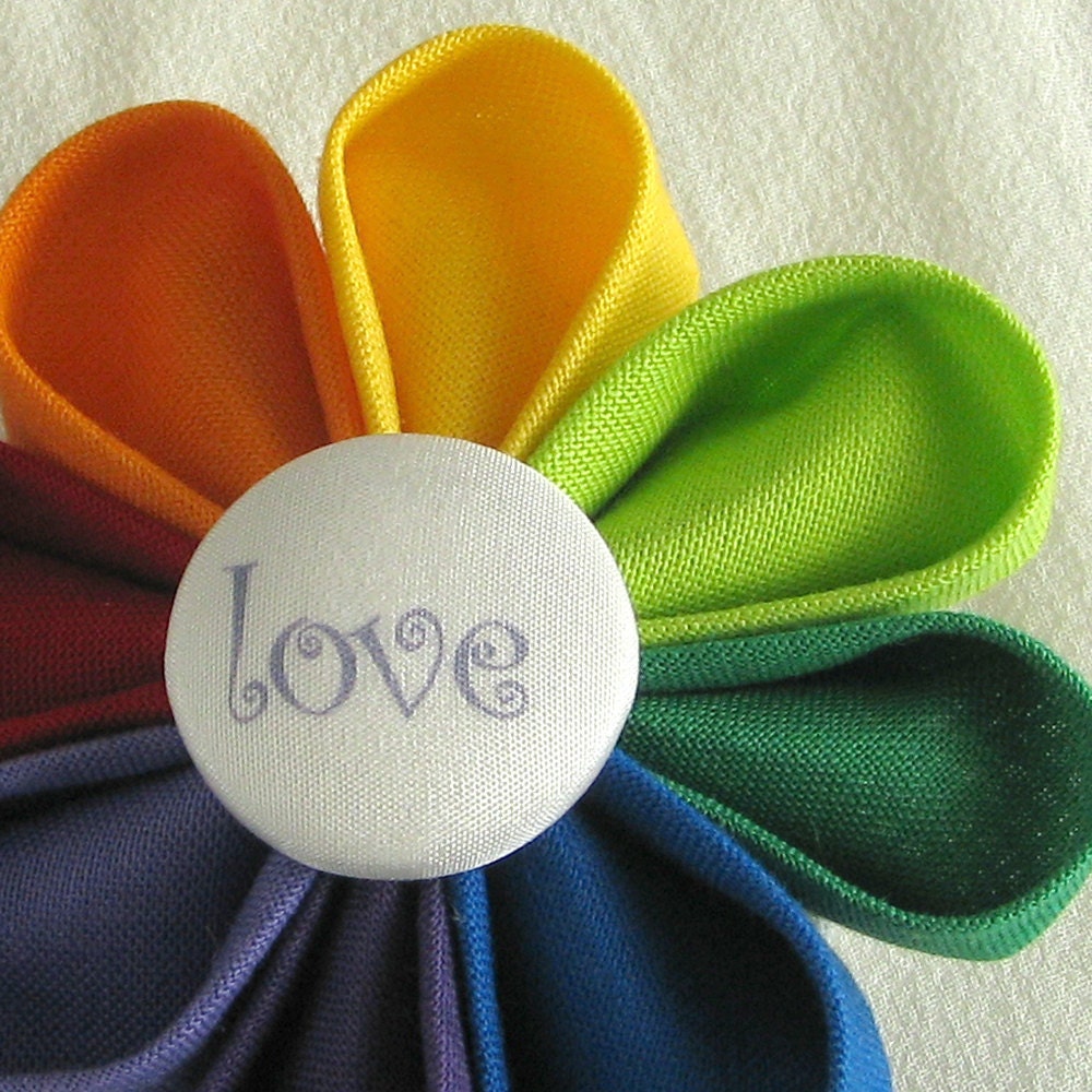 Rainbow Flower Pin with Love Fabric Button - Kanzashi Pride Boutonniere