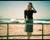 The Getaway Aline stretch Skirt by Miss Fancypants grey black stripe jersey fabric  perfect for spring