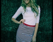 The Getaway Aline stretch Skirt by Miss Fancypants navy stripe jersey fabric perfect for spring