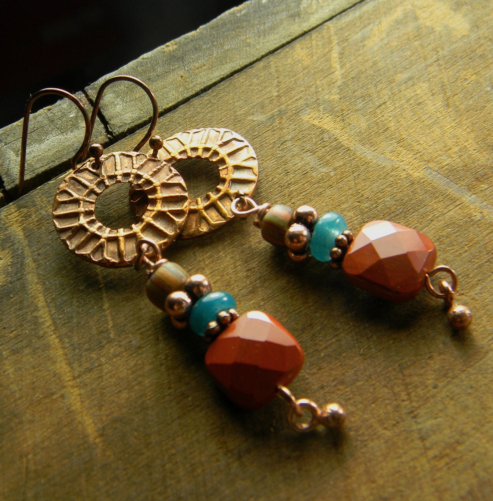 Rustic Copper Earrings Red Jasper Tribal OOAK