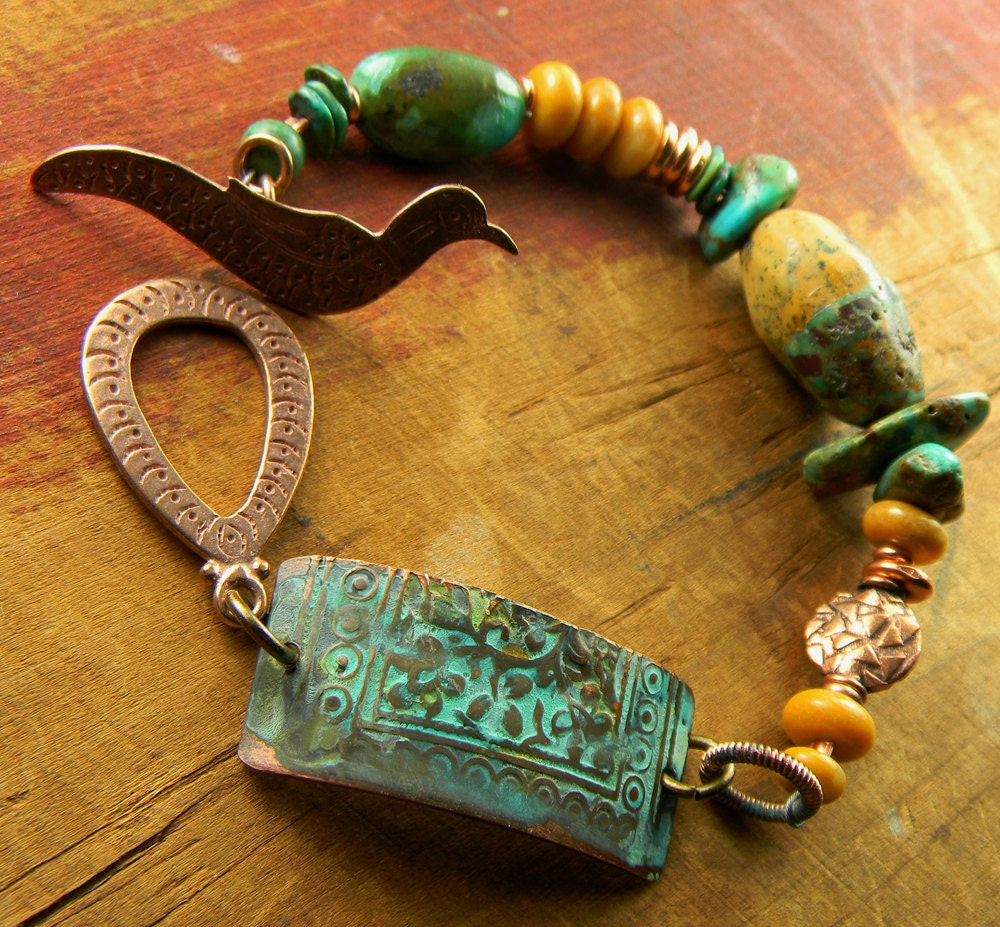 Verdigris Copper Bracelet Turquoise Yellow Bird OOAK