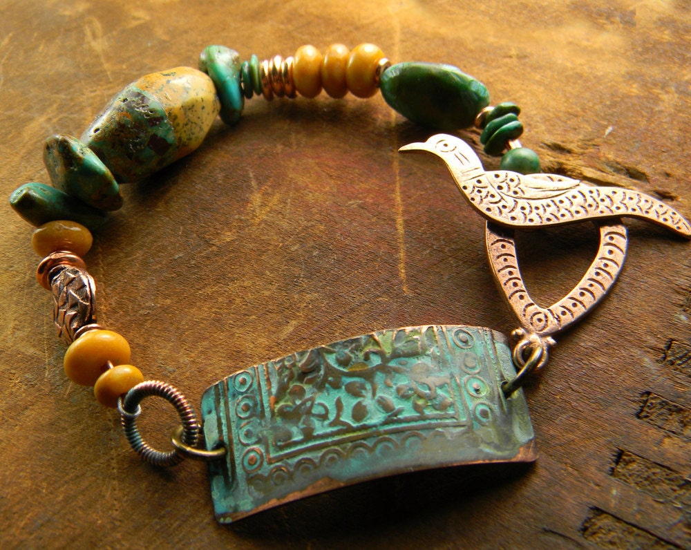 Verdigris Copper Bracelet Turquoise Yellow Bird OOAK