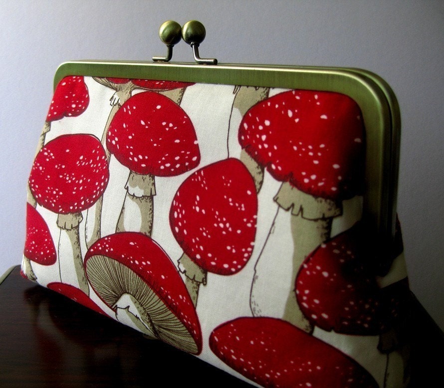 Forest Mushrooms Silk Lining Clutch  BagNoir, Wedding accessory, Bridesmaid gift, Birthday gift