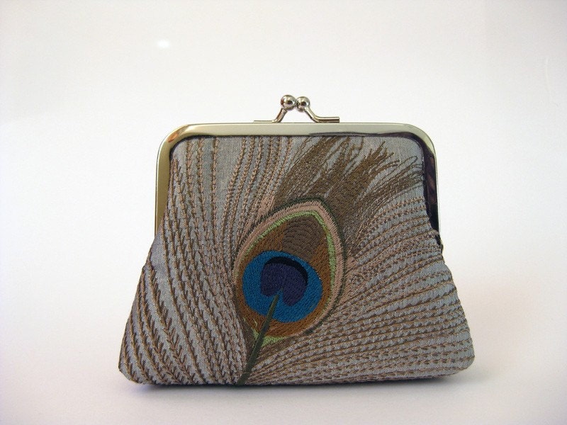 Silk embroidered peacock coin purse in Silver, Bridesmaids Clutch , Bridesmaid gift, Weddings gift, bride formal clutch purse