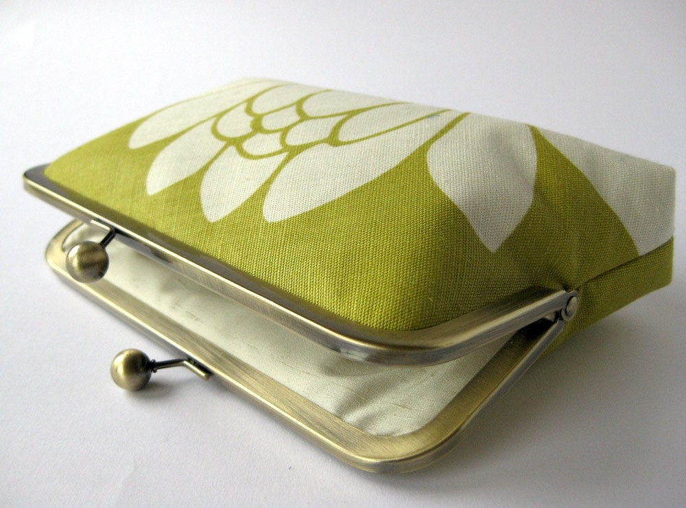 Chartreuse Lotus in silk lining floral clutch purse by Bag Noir, Bridesmaid clutch, Weddings bride formal clutch purse
