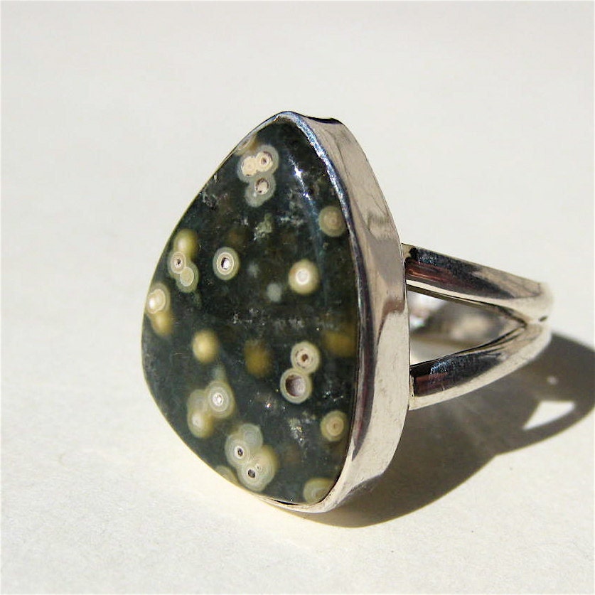 Black Ocean Jasper Ring . Sterling Silver . US Size 7.25 - 8