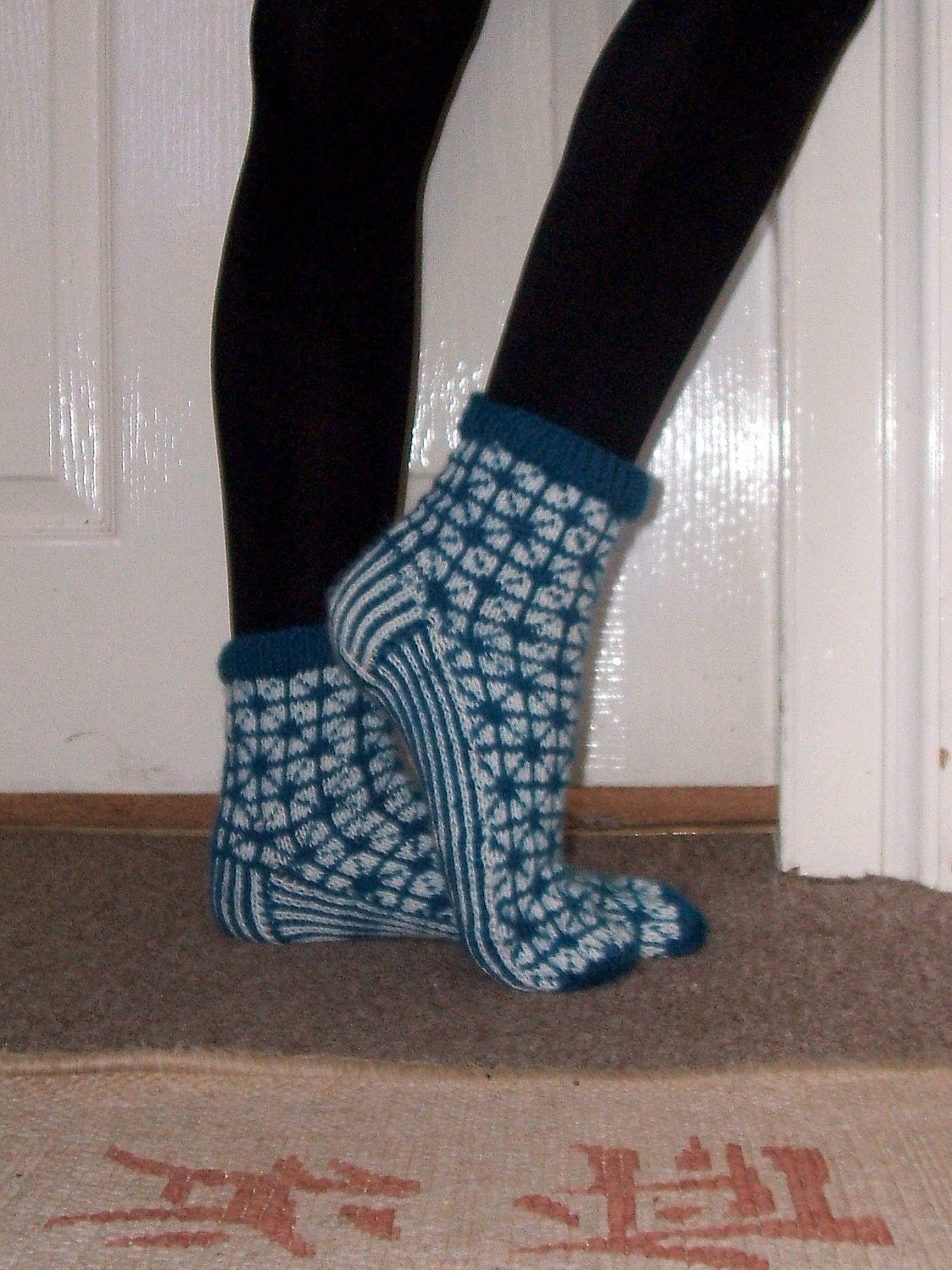 Hand-knitted Warm Blue White Winter Socks