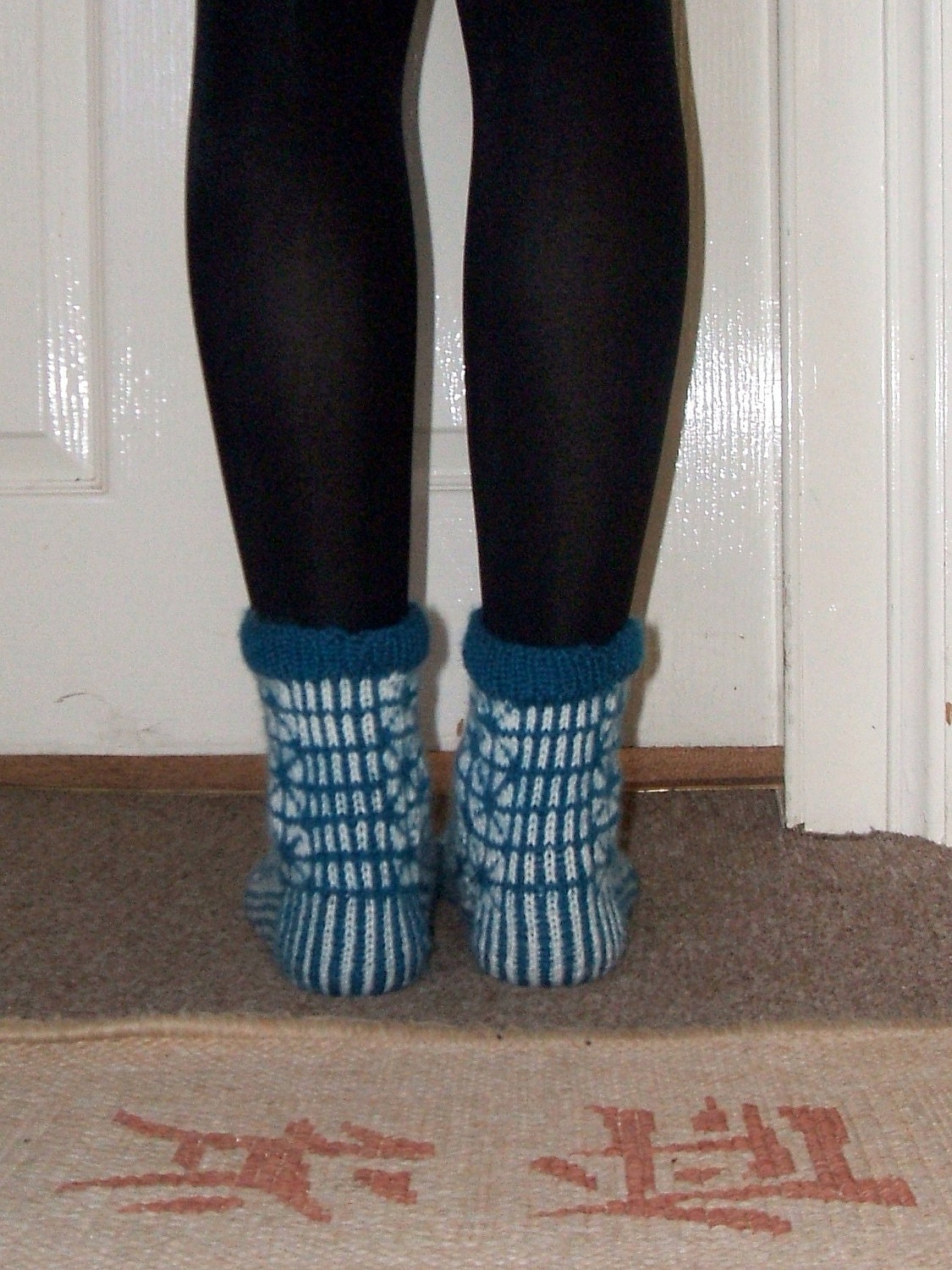 Hand-knitted Warm Blue White Winter Socks