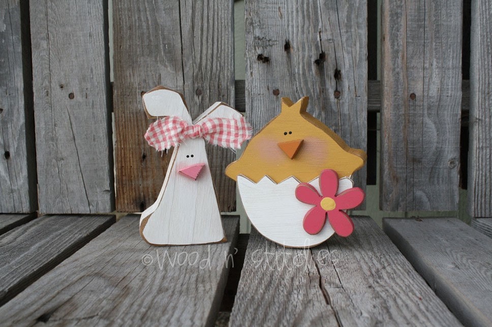 Easter decor CHICK AND BUNNY spring blocks holiday seasonal home decor egg bunny gift primitive