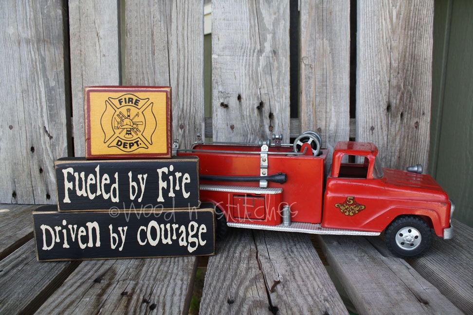 Firefighter Fireman wood block set Dad Grandpa  Fire Courage gift personalized kids room nursery decor