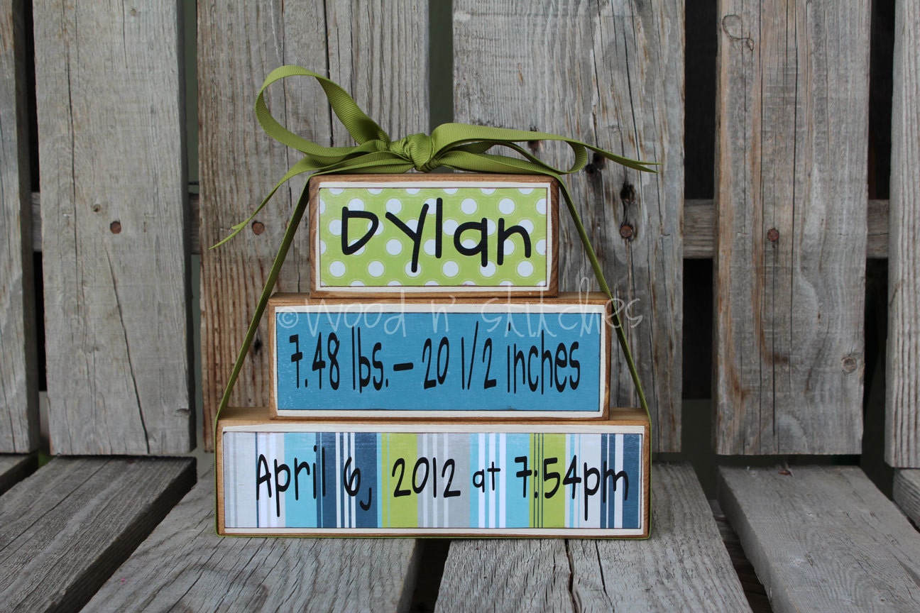 Personalized Name Date kids baby girl boy birth announcement Wood Stacker block set wedding family nursery kids room  gift