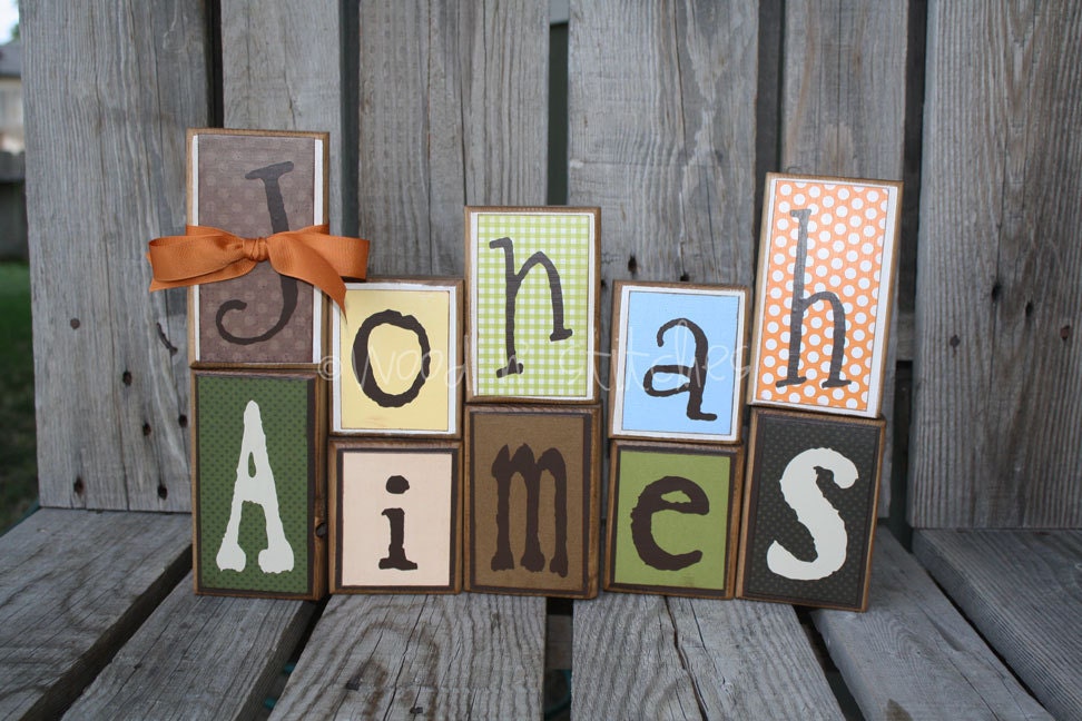 Personalized Wood Block Set (5 piece set). . . nursery wedding home decor primitive gift name personalized wood sign boy girl baby family