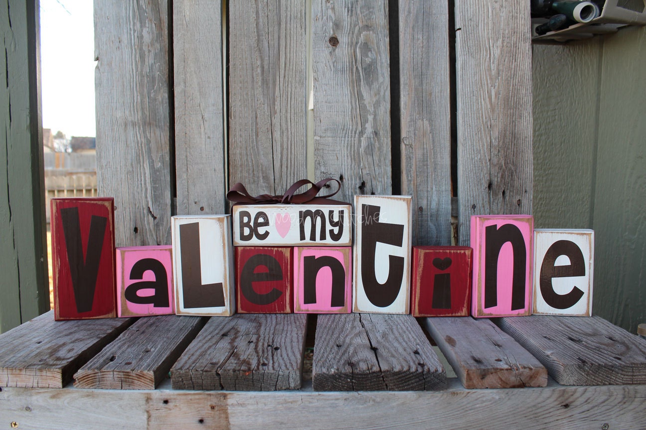 Valentines Be Mine LOVE Wood Block Set heart hugs kisses home seasonal personal primitive shabby chic home decor