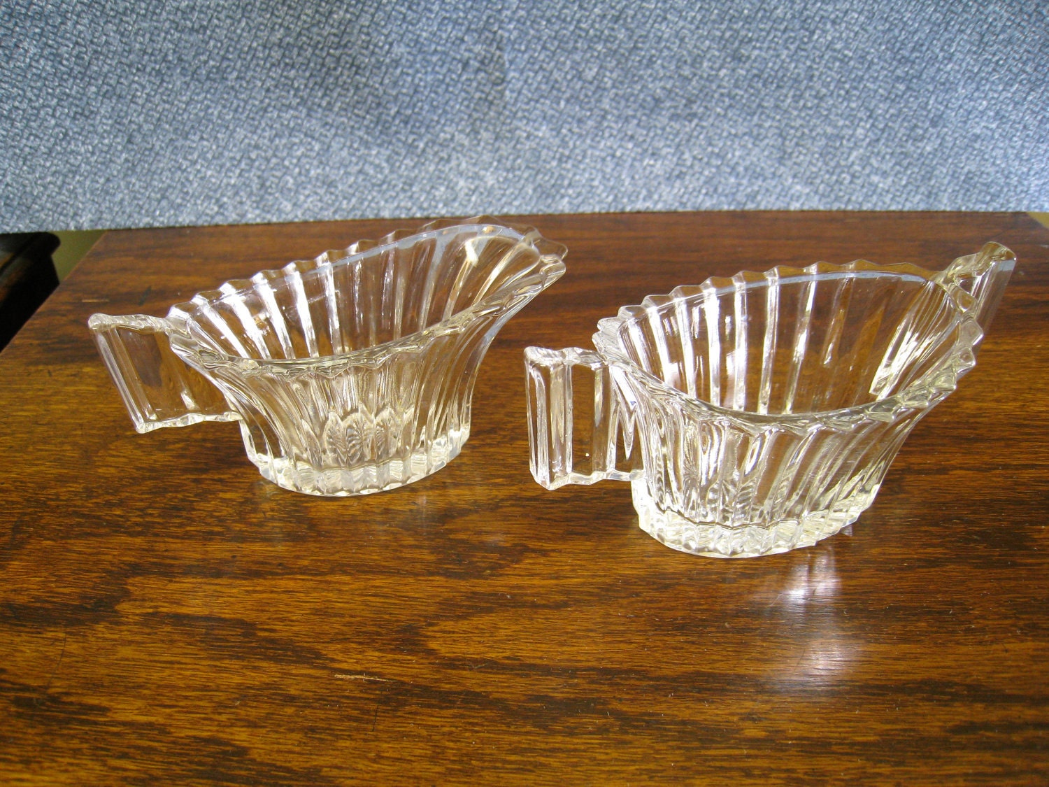 Art Deco Clear Glass Creamer Sugar Set Heavy Pressed Glass Ridgeleigh Pattern