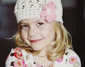 Crocheted Beanie Hat with Flower, Crochet Girls Hat, Off White, Pink, Cotton, 5T to Preteen, Back to School Fall Fashion